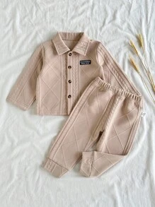 Vintaside Kids 2pcs/Set Infant Boys Khaki Textured Jacquard Fabric Long Sleeve Shirt Outfit With Pants - Khaki - View 1