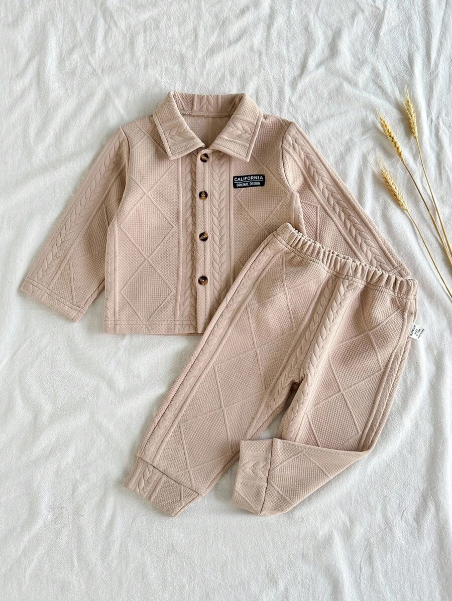Vintaside Kids 2pcs/Set Infant Boys Khaki Textured Jacquard Fabric Long Sleeve Shirt Outfit With Pants - Khaki - View 1