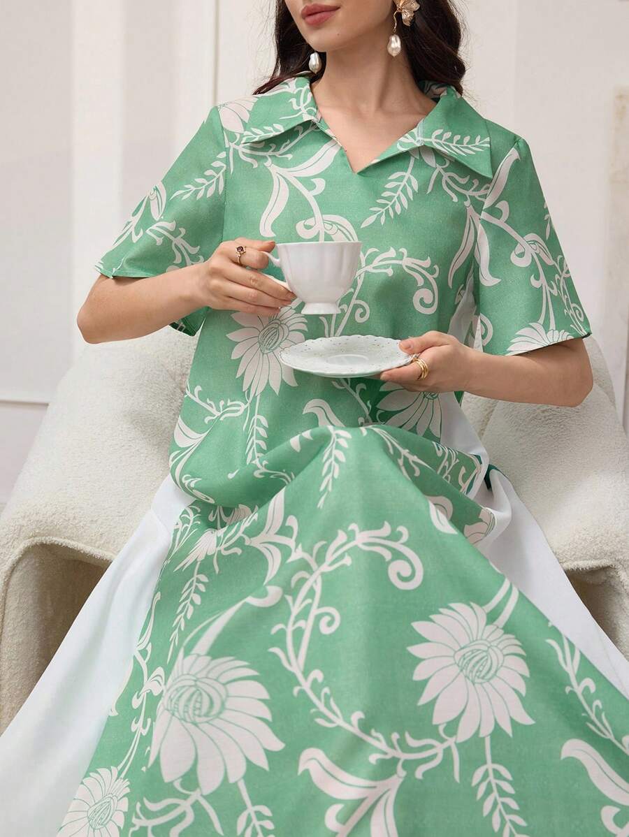 Yasmyna 女式夏季休闲花卉印花宽松短袖连衣裙 - 綠色 - 查看 1