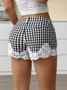 SHEIN EZwear Women's Summer Casual Plaid Contrast Lace Shorts,Date Night Outfits Women - Black and White - View 2