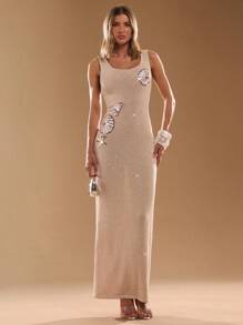 SHEIN BAE Vestido de punto con cuello cuadrado, sin mangas, decorado con lentejuelas y estampado floral para mujeres