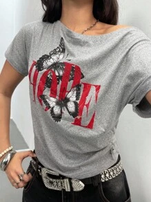 Teen Girl Letter & Butterfly Print Off Shoulder Short Sleeve Drawstring Casual T-Shirt - Khaki - View 4