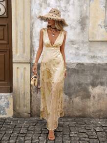 SHEIN VCAY V-Neck Women's Dress, Lightweight Woven Gold Foil Material, Suitable For Spring & Summer Vacation,Pastel Dresses For Women