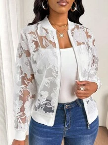 SHEIN Lady Chaqueta delgada de malla blanca bordada, con diseño suelto y casual, para uso diario de las mujeres