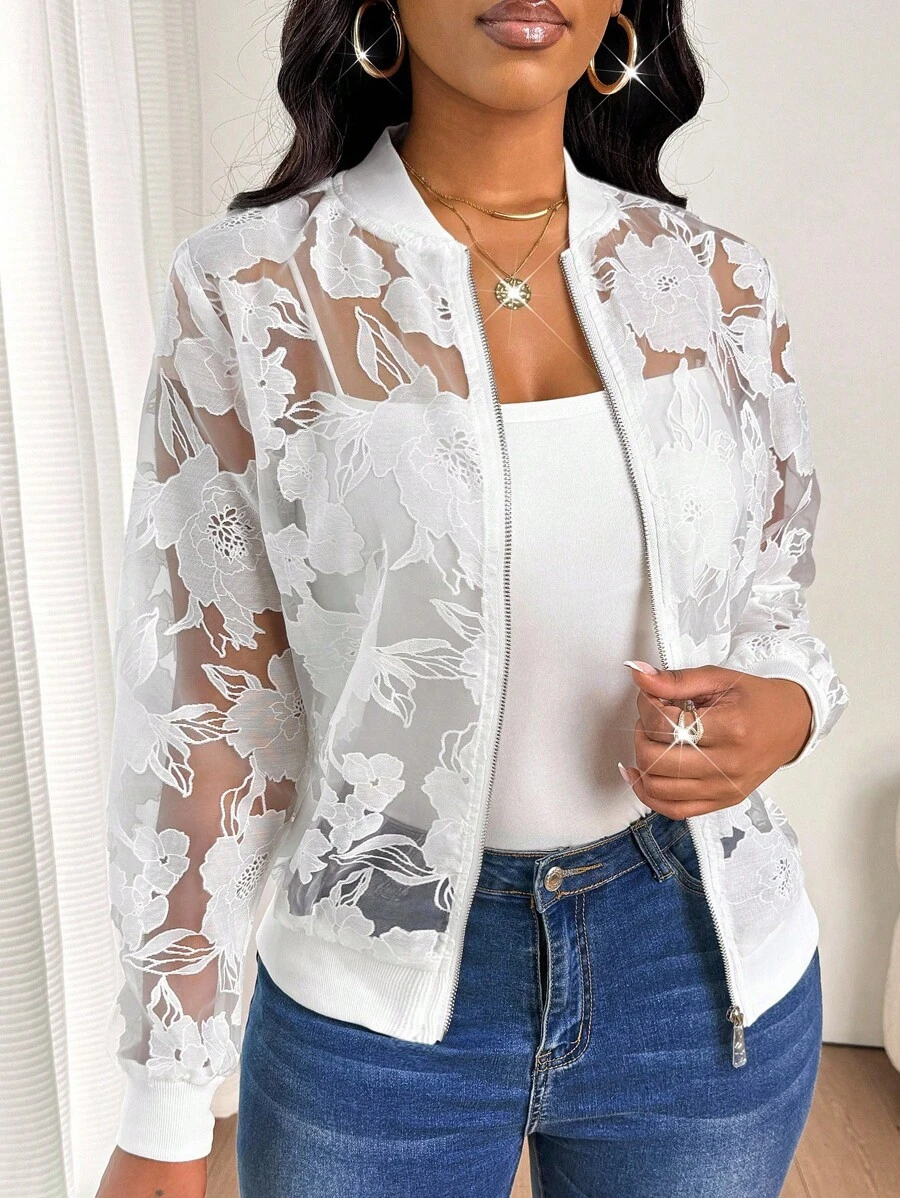 SHEIN Lady Chaqueta delgada de malla blanca bordada, con diseño suelto y casual, para uso diario de las mujeres