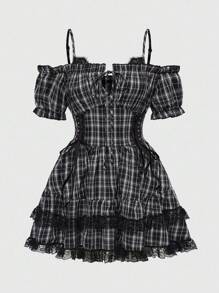 ROMWE Goth Robe mini d'été à manches tombantes décontractée à carreaux pour femmes en grande taille