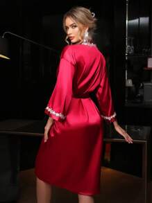 SilkySpell Bata elegante de mujer decorada con bordados, otoño - Burdeos - Ver 2