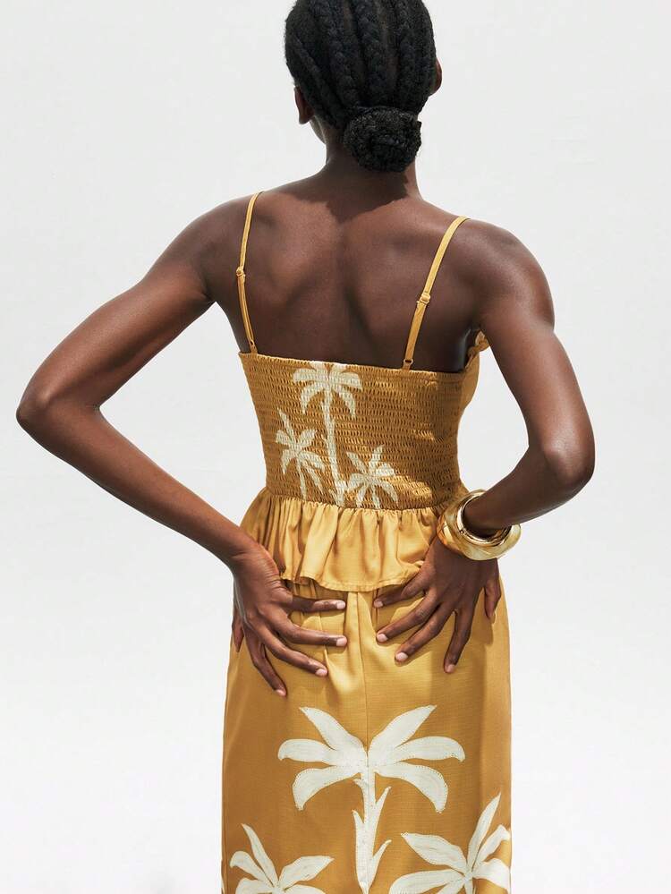 SHEIN Maija 2025 가을 옐로우 플로럴 프린트 러플 헴 캐미솔 크롭 탑, 숄더 휴가 탑, 하와이 스타일, 보헤미안 페스티벌