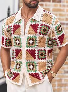 Manfinity VCAY 男士花卉图案镂空休闲翻领短袖开衫钩针男士衬衫波西米亚风男士衬衫男士钩针衬衫钩针纽扣衬衫奶奶方格衬衫 - 彩色 - 查看 3