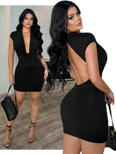 SHEIN SXY Plus Size Women's Elegant Sexy Daily Basic Black Plunging Neck Backless Fitted Mini Dress, Autumn Black Dress Women Deep V Neck Dress Low Cut Dress,Fall Clothes For Women,Elegant Dresses For Women
