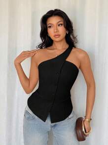 Glamine Áo khoác vest nữ không tay màu mơ thời trang, thường ngày đa năng, áo một vai màu đen mùa hè, áo đen nữ, áo bất đối xứng, áo nịt ngực màu đen cho nữ, áo nịt ngực một vai cho nữ, áo nịt ngực màu đen cho nữ - màu đen - Xem 5