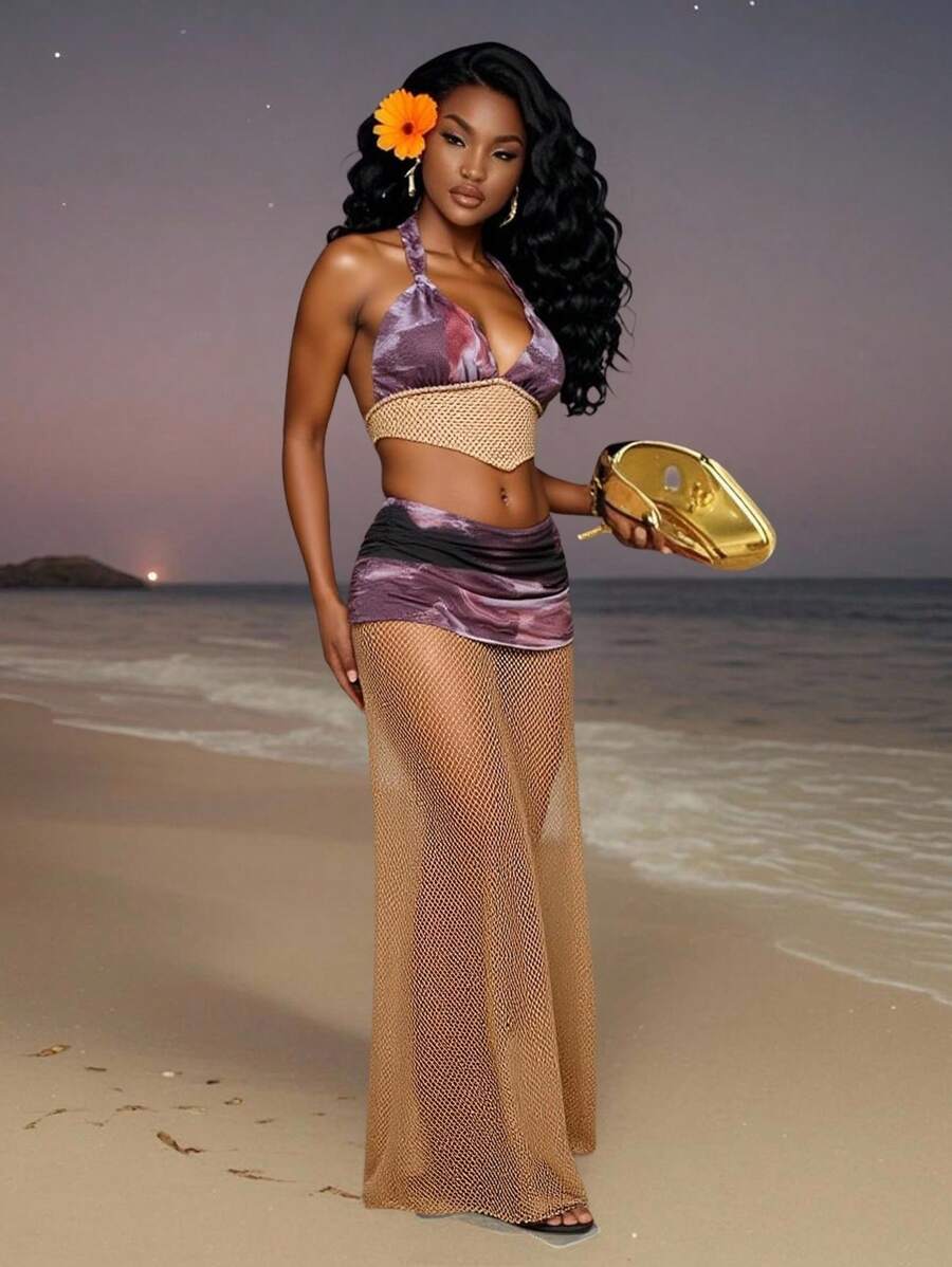 Slaydiva 2015 夏季新款度假性感辣妹吊带露背印花上衣 + 开叉网纱拼接短裙女士泳衣套装，适合音乐节、复活节、波西米亚风、海滨度假、海滩、俱乐部服装女士性感、派对聚会、假日旅行、毕业礼服、游泳、性感辣妹、西部游牧民族-A - 棕色 - 查看 1