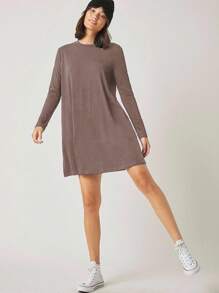 EURMUSE Women Casual Solid Color Round Neck Long Sleeve Short T-Shirt Dress - Chocolate Brown - View 5