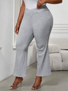 SHEIN PETITE CURVE Plus Petite 女士高腰交叉设计喇叭紧身裤 - 灰色 - 查看 4