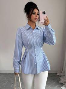 Modelyn Camisa casual de mujer de manga larga con hombros caídos, de un solo pecho y a la cintura, con rayas