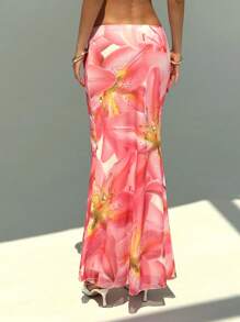 Aloruh Romantic Low Waist Floral Print Mesh Long Skirt For Summer Vacation/Date Night - Multicolor - View 1