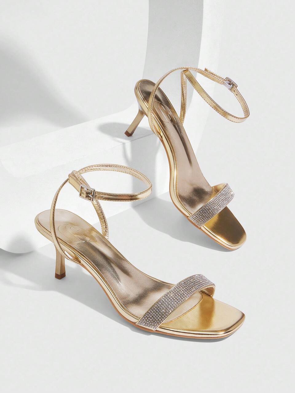 CUCCOO SZL Women's Gold Metal PU Silver Rhinestone Decor Strap Square Toe Fashion Sexy Glamorous Party Clubwear Kitten Heel Sandals For Christmas