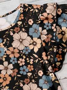 SHEIN Clasi 大码女装日常休闲优雅花卉印花圆领双层小盖袖宽松衬衫，女士夏装，女士度假服装，女士夏装，女士外出上衣 - 彩色 - 查看 4