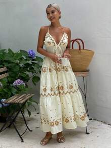 Livesso Đầm mùa hè buộc dây cổ kiểu Bohemian dành cho nữ, thích hợp cho kỳ nghỉ trên du thuyền. - Màu vàng - Xem 4