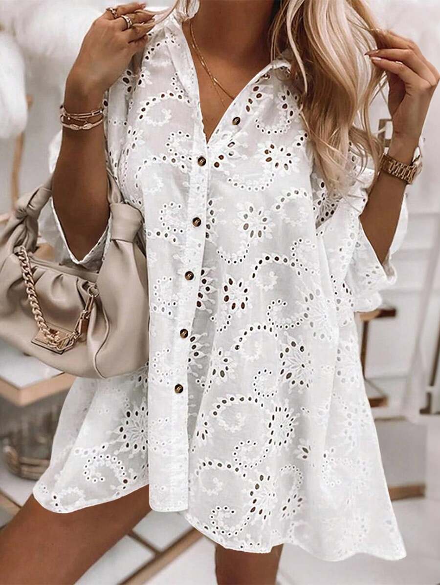 SHEIN VCAY 大码女式夏季度假纯色镂空刺绣纽扣前长袖衬衫 - 白色 - 查看 1