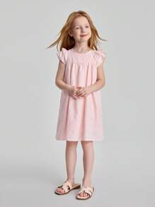 Maija Kids Maija Kids 圆领荷叶边袖纯色连衣裙，适合年轻女孩 - 粉色 - 查看 3