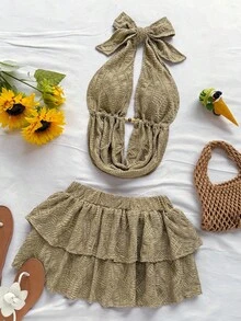 Soleia Bộ 2 món áo crop top hở lưng hở lưng và chân váy mini cổ chữ V, thích hợp cho các dịp lễ, hẹn hò, trà chiều, nghỉ dưỡng, lễ hội âm nhạc, phong cách Bohemian - Màu xanh Bạc hà - Xem 9