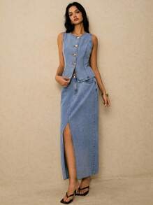 Poéselle New Women's Denim Skirt Front Slit Long Skirt Autumn Light Blue French Elegant For Going Out On A Date Denim Maxi Skirt Long Denim Skirt Blue Denim Skirt Women Denim Skirt Back To School Y2k Office For Women School Streetwear Airport For Women Cowgirl Back To School Teacher For Women - Light Wash - View 2