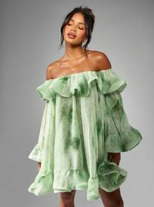 MISSGUIDED Đầm ngắn tay dài trễ vai dáng xòe bồng bềnh bằng vải voan, thích hợp cho tiệc cưới, tiệc chiêu đãi và các dịp lễ hội buổi tối. - màu xanh lá - Xem 4