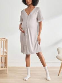 BloomMama 孕妇短袖哺乳睡衣，带蕾丝和纽扣，时尚家居服睡衣睡裙睡衣 - 卡其色 - 查看 3