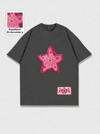 Street Life Herren T-Shirt mit Sternenstickerei und Kurzarm, geeignet für den täglichen Gebrauch, Frühling/Sommer