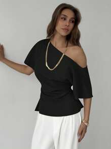 Aloruh 全新百搭简约通勤斜肩蝙蝠翼不对称褶皱收腰修身套头衫