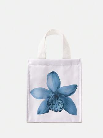 Fairycore Blue Bombax Ceiba Pattern Spring Summer Fashionable Insulated Thermal Lunch Bag, Functional Bags, Lunch Bag, Cooler Bags