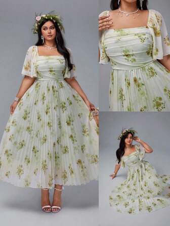 Lyrianda Plus Size Women Floral Print Ruffle Sleeve Maxi Dress, Elegant Vintage Romantic Style