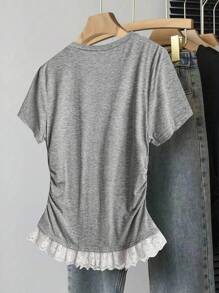 Flirla Plus Size Women French Style Casual Round Neck Bow Decor Short Sleeve T-Shirt, Summer - Light Grey - View 2