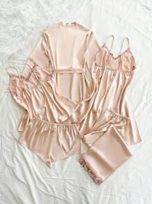 SHEIN 5 Stücke Große Größen Gestickte Spitze Besatz Faux-Seide Schlafanzug Set