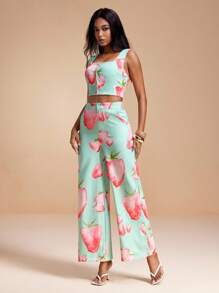 Becci Summer Fruit Strawberry Print Woven Cami Top And High-Waist Wide-Leg Pants Set Vacation Co-Ords