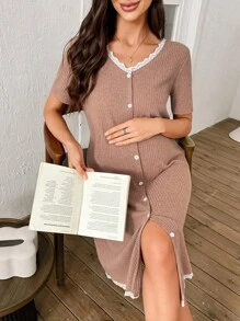 Moonlight&Mama Women's Casual Lace Patchwork V-Neck Single Breasted Short Sleeve Nursing Knitted Nightgown - Coffee Brown - View 3
