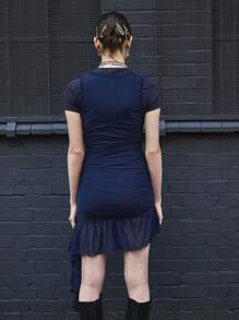 COUREZ Vestido mini con superposición de malla y volante / Conjuntos de verano para mujer Vestidos de verano lindos para mujer Ropa de calle Y2K Vintage de algodón - Azul Marino - Ver 6