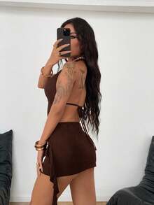 Coolane 女式夏季 Y2K 西部度假装露背黑色迷你连衣裙 - 棕色 - 查看 7