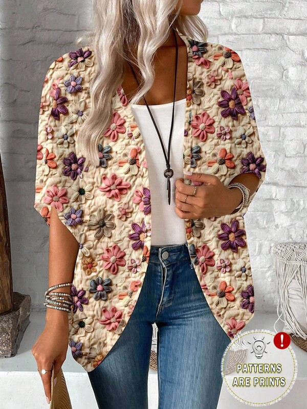 EMERY ROSE Women's Casual Simplistic Knitted Floral Pattern Lightweight Jacket, Suitable For Spring And Summer