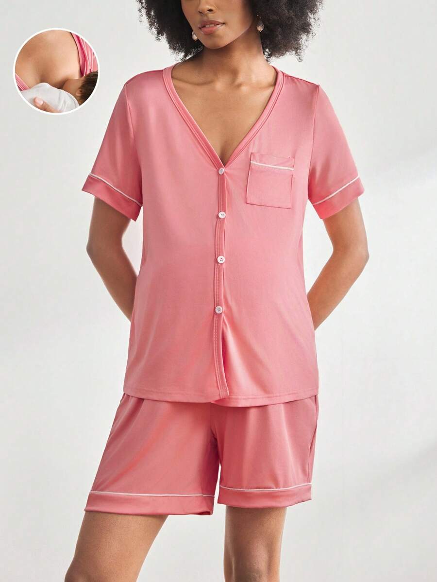 2 Packs Maternity Short Sleeve Nursing Pajama Set With Button ,Lounge Set Fashion Sleepwear - Pink - View 1
