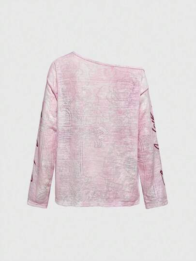 Grunge Punk Y2K Retro Femme Fatale Rose & Heart Faux Tattoo Distressed Print Loose Fit Off Shoulder Long Sleeve T-Shirt For Women
