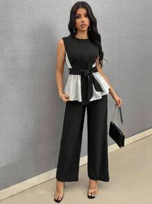 Chiquease 女士两件套，荷叶边下摆圆领无袖上衣和裤子，时尚撞色