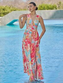 Andrea Bello Vacation Sleeveless Ditsy Floral Plunge Neck Open Slit Ruched Sexy Festival Dress For Women - Multicolor - View 3