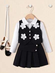 Genkimix Kids Girls' School Style White Long Sleeve Shirt Paired With Black Vest Featuring 4 Handmade Pleats, Inverted Triangle Patch, And 2 Button Closure Vest With 6 Dimensional Flowers, School Uniform Set, Back To School, All Season - Black - View 8