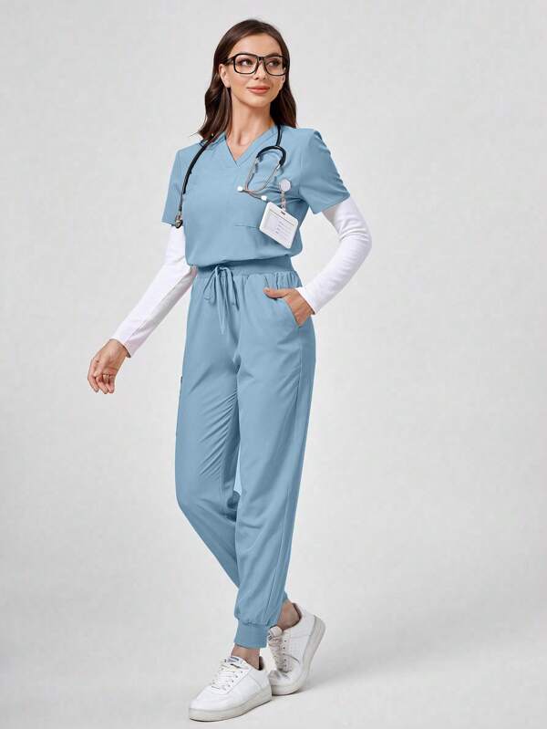 TaskEZ Set uniformă medicală cu top și pantaloni, cu mânecă scurtă, simplu, cu decolteu în V, cu umeri oblici