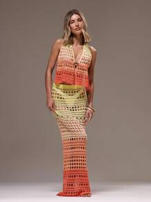 Musera Resort 渐变色开放式钩针编织直筒长裙罩衫仅限夏季假期伊比沙岛优雅伊比沙岛可爱海滩节狂欢波西米亚风假日，夏季少女柔和色调 - 黃色 - 查看 3