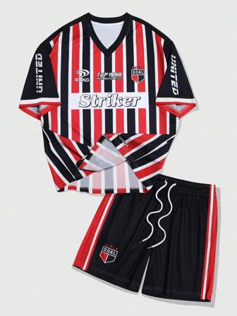 Prep Set da uomo composto da 2 pezzi: t-shirt sportiva con stampa di lettere e strisce, in stile scuro, e pantaloncini