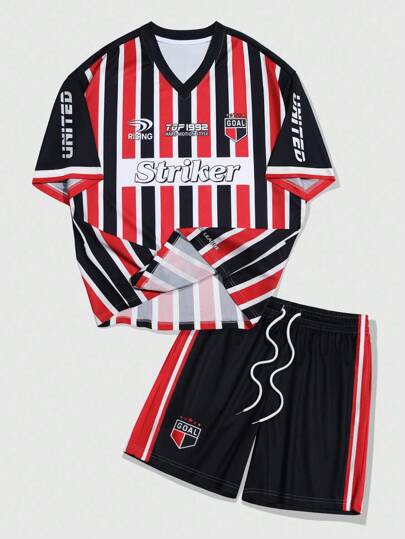 Prep Herren dunkel gestyltes Buchstaben- und Streifenmuster Sport T-Shirt und Shorts 2 Stücke Set