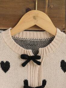 青少年女孩心形图案手工蝴蝶结装饰针织毛衣，长袖 - 卡其色 - 查看 6